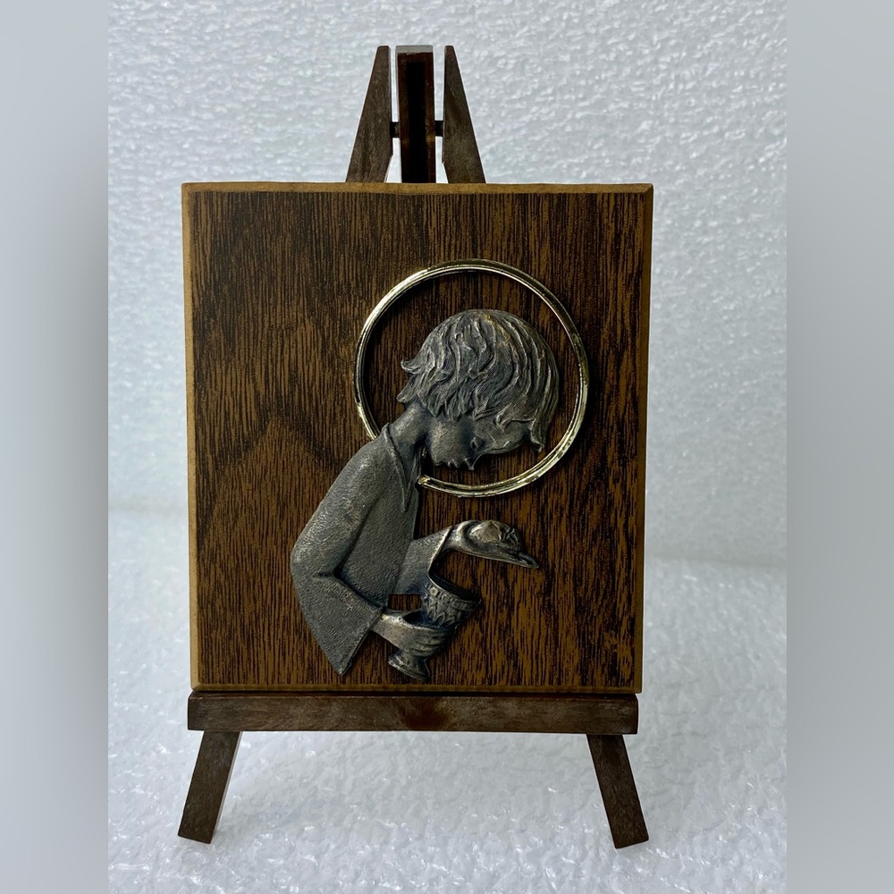 Vintage "Peltro Cesselato A Mano" Pewter Sculpture On Wooden Frame Made In Italy